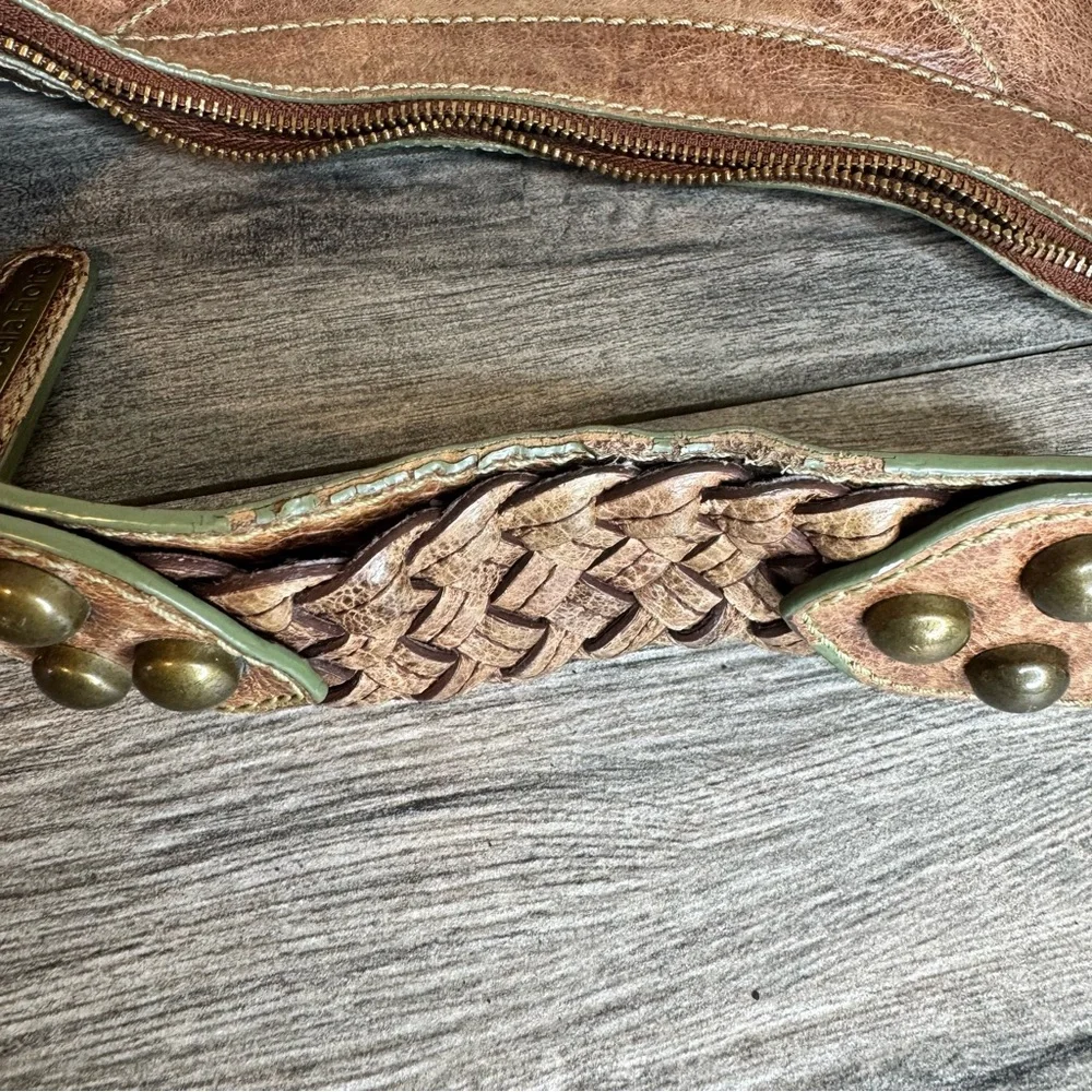 Isabella Fiore Oasis Hobo Brown Distressed Leather Brass Studded Shoulder Bag - Picture 13 of 16